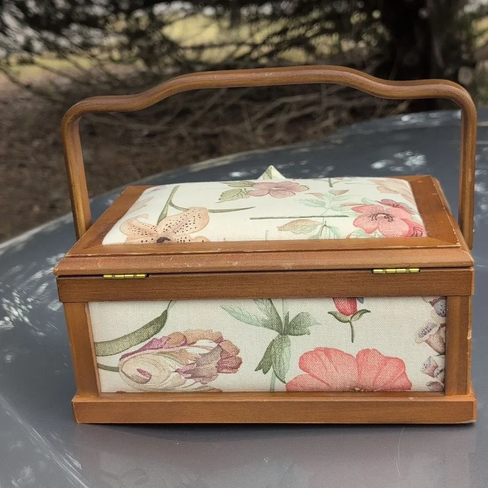Vintage Wood and Floral Fabric Sewing Box with Handle